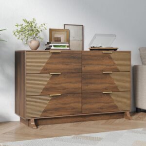 Gyfimoie Dresser for Bedroom, Mid-Century Modern Walnut Chest of 6 Drawers with Asymmetrical Fluted Front, Sturdy Wood Storage Organizer with Anti-Sag Drawer Support & Metal Handles, 47" Wide (Walnut) - Image 9