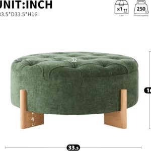 Virubi 32" Round Tufted Ottoman Coffee Table, Chenille Upholstered Footrest with Solid Wood L-Shaped Legs, Button Tufted & Piping, Modern Accent Seat for Living Room (Green) - Image 2