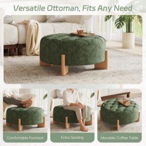 Virubi 32" Round Tufted Ottoman Coffee Table, Chenille Upholstered Footrest with Solid Wood L-Shaped Legs, Button Tufted & Piping, Modern Accent Seat for Living Room (Green) - Image 3