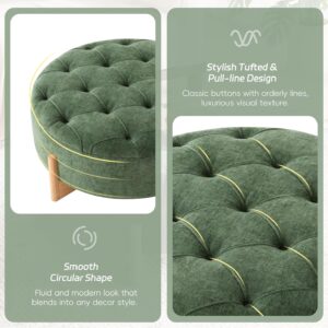 Virubi 32" Round Tufted Ottoman Coffee Table, Chenille Upholstered Footrest with Solid Wood L-Shaped Legs, Button Tufted & Piping, Modern Accent Seat for Living Room (Green) - Image 4