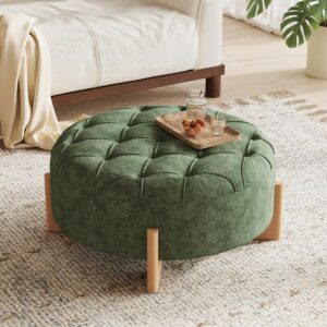 Virubi 32" Round Tufted Ottoman Coffee Table, Chenille Upholstered Footrest with Solid Wood L-Shaped Legs, Button Tufted & Piping, Modern Accent Seat for Living Room (Green) - Image 10
