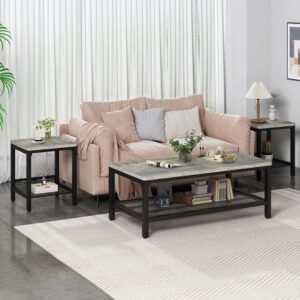 AWQM Coffee Table Set of 3, Industrial Coffee Table with 2 Square End Side Tables, Modern Living Room Table Set with Metal Frame for Apartment Home Office, Grey - Image 2