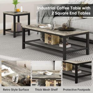 AWQM Coffee Table Set of 3, Industrial Coffee Table with 2 Square End Side Tables, Modern Living Room Table Set with Metal Frame for Apartment Home Office, Grey - Image 7