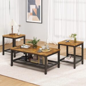 AWQM Coffee Table Set of 3, Industrial Coffee Table with 2 Square End Side Tables, Modern Living Room Table Set with Metal Frame for Apartment Home Office, Grey - Image 3