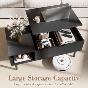 OLIXIS Wood Lift Top Coffee Table with Hidden Compartment and Large Storage Shelf, Lift Tabletop Dining Center Table for Home Living Room Office, Black - Image 4