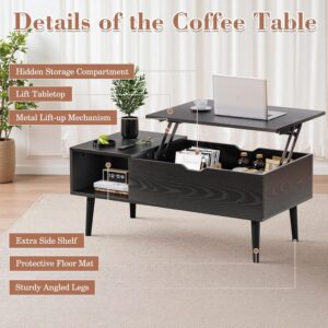 OLIXIS Wood Lift Top Coffee Table with Hidden Compartment and Large Storage Shelf, Lift Tabletop Dining Center Table for Home Living Room Office, Black - Image 6