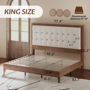 Jocisland Solid Wood King Size Bed Frame 50.2" Tall Upholstered Headboard, Mid-Century Style, Stable Platform Support, No Box Spring Needed, Walnut - Image 2