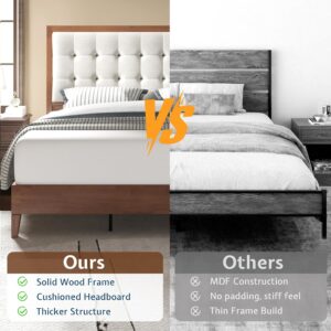 Jocisland Solid Wood King Size Bed Frame 50.2" Tall Upholstered Headboard, Mid-Century Style, Stable Platform Support, No Box Spring Needed, Walnut - Image 4