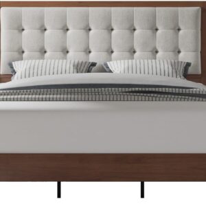 Jocisland Solid Wood King Size Bed Frame 50.2" Tall Upholstered Headboard, Mid-Century Style, Stable Platform Support, No Box Spring Needed, Walnut - Image 9