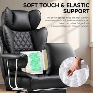 COMHOMA Big and Tall Office Chair, High Back Leather Gaming Chair with Footrest, Executive Ergonomic Office Chair with Pocket Spring Lumbar Support and with Outward Fixed Soft Armrests - Image 4