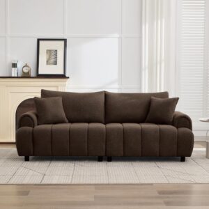 88 "Modern Boucle Sofa Couch, Oversized Comfy 3 Seater Sherpa Curved Sofas Deep Seat, Upholstered Loveseat Teddy Round Arm Couches for Living Room, Bedroom, Brown - Image 1