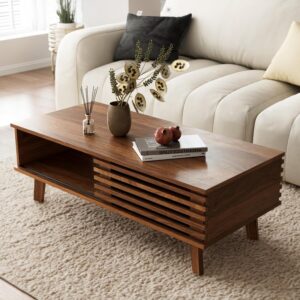 MAISONARIA Mid Century Coffee Table with Storage & Sliding Fence Door, Modern Coffee Tables for Living Room, Walnut Finish - Image 1