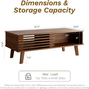 MAISONARIA Mid Century Coffee Table with Storage & Sliding Fence Door, Modern Coffee Tables for Living Room, Walnut Finish - Image 2
