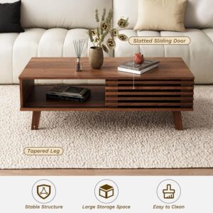 MAISONARIA Mid Century Coffee Table with Storage & Sliding Fence Door, Modern Coffee Tables for Living Room, Walnut Finish - Image 3