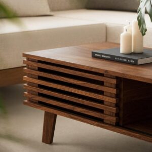 MAISONARIA Mid Century Coffee Table with Storage & Sliding Fence Door, Modern Coffee Tables for Living Room, Walnut Finish - Image 4