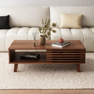 MAISONARIA Mid Century Coffee Table with Storage & Sliding Fence Door, Modern Coffee Tables for Living Room, Walnut Finish - Image 5