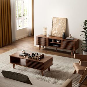 MAISONARIA Mid Century Coffee Table with Storage & Sliding Fence Door, Modern Coffee Tables for Living Room, Walnut Finish - Image 6