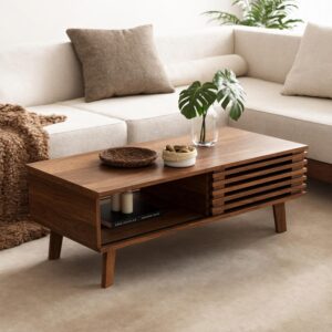 MAISONARIA Mid Century Coffee Table with Storage & Sliding Fence Door, Modern Coffee Tables for Living Room, Walnut Finish - Image 7