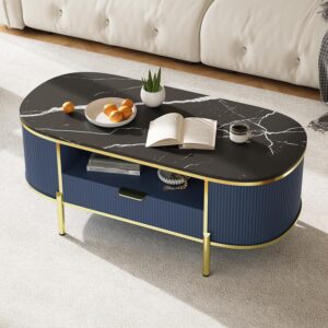 Modern Oval Coffee Table with Storage Organizer, 48" Wood Fluted Center Table for Living Room Office, Coffee Tables with Drawer, Shelf, Faux Marble Top, Curved Profile Design, Gold Metal Legs - Image 1