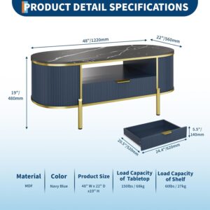 Modern Oval Coffee Table with Storage Organizer, 48" Wood Fluted Center Table for Living Room Office, Coffee Tables with Drawer, Shelf, Faux Marble Top, Curved Profile Design, Gold Metal Legs - Image 2