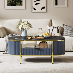 Modern Oval Coffee Table with Storage Organizer, 48" Wood Fluted Center Table for Living Room Office, Coffee Tables with Drawer, Shelf, Faux Marble Top, Curved Profile Design, Gold Metal Legs - Image 3