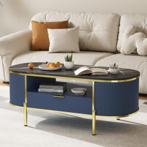 Modern Oval Coffee Table with Storage Organizer, 48" Wood Fluted Center Table for Living Room Office, Coffee Tables with Drawer, Shelf, Faux Marble Top, Curved Profile Design, Gold Metal Legs - Image 4