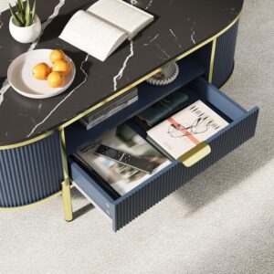 Modern Oval Coffee Table with Storage Organizer, 48" Wood Fluted Center Table for Living Room Office, Coffee Tables with Drawer, Shelf, Faux Marble Top, Curved Profile Design, Gold Metal Legs - Image 5