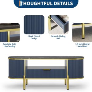 Modern Oval Coffee Table with Storage Organizer, 48" Wood Fluted Center Table for Living Room Office, Coffee Tables with Drawer, Shelf, Faux Marble Top, Curved Profile Design, Gold Metal Legs - Image 6