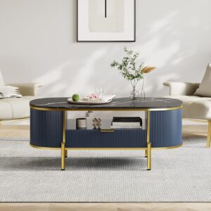 Modern Oval Coffee Table with Storage Organizer, 48" Wood Fluted Center Table for Living Room Office, Coffee Tables with Drawer, Shelf, Faux Marble Top, Curved Profile Design, Gold Metal Legs - Image 7