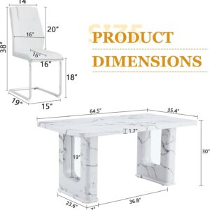 Modern Dining Table Set for 6,7 Piece Dining Table Set with White Marble Parttern & Unique Double Base,64.5" Kitchen Table Chairs Set Ideal for Dining,Kitchen - Image 2