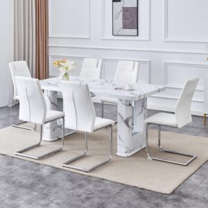 Modern Dining Table Set for 6,7 Piece Dining Table Set with White Marble Parttern & Unique Double Base,64.5" Kitchen Table Chairs Set Ideal for Dining,Kitchen - Image 3