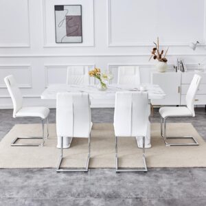 Modern Dining Table Set for 6,7 Piece Dining Table Set with White Marble Parttern & Unique Double Base,64.5" Kitchen Table Chairs Set Ideal for Dining,Kitchen - Image 7