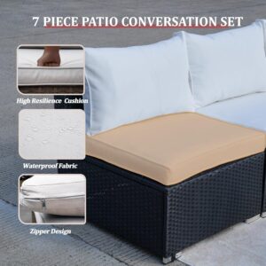 7 Piece Outdoor Sectional Sofas with Cover, 7 Piece Outdoor Poolside Furniture Set, Outdoor Wicker Conversation Set with Cushions, Wicker Outdoor Conversation Set for Backyard & Garden, Cream - Image 5
