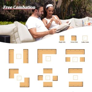 7 Piece Outdoor Sectional Sofas with Cover, 7 Piece Outdoor Poolside Furniture Set, Outdoor Wicker Conversation Set with Cushions, Wicker Outdoor Conversation Set for Backyard & Garden, Cream - Image 6