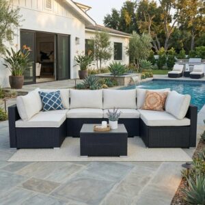 7 Piece Outdoor Sectional Sofas with Cover, 7 Piece Outdoor Poolside Furniture Set, Outdoor Wicker Conversation Set with Cushions, Wicker Outdoor Conversation Set for Backyard & Garden, Cream - Image 7