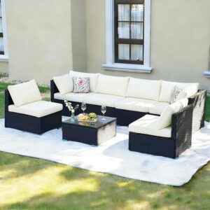 7 Piece Outdoor Sectional Sofas with Cover, 7 Piece Outdoor Poolside Furniture Set, Outdoor Wicker Conversation Set with Cushions, Wicker Outdoor Conversation Set for Backyard & Garden, Cream - Image 8
