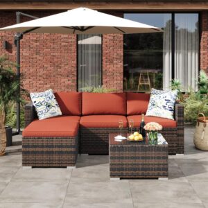 5-Piece Outdoor Sectional Sofa Set, All-Weather PE Rattan Patio Furniture with Ottoman & Tempered Glass Table, Convertible Garden Couch for Backyard, Porch, Poolside (Brown/Wine Red) - Image 3