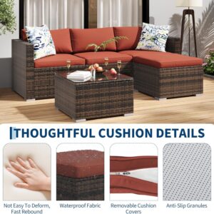 5-Piece Outdoor Sectional Sofa Set, All-Weather PE Rattan Patio Furniture with Ottoman & Tempered Glass Table, Convertible Garden Couch for Backyard, Porch, Poolside (Brown/Wine Red) - Image 4