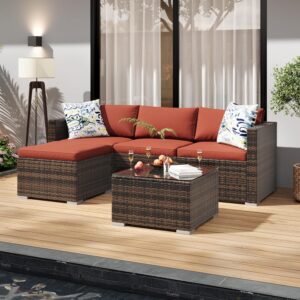 5-Piece Outdoor Sectional Sofa Set, All-Weather PE Rattan Patio Furniture with Ottoman & Tempered Glass Table, Convertible Garden Couch for Backyard, Porch, Poolside (Brown/Wine Red) - Image 5
