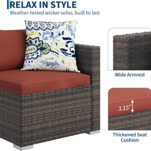 5-Piece Outdoor Sectional Sofa Set, All-Weather PE Rattan Patio Furniture with Ottoman & Tempered Glass Table, Convertible Garden Couch for Backyard, Porch, Poolside (Brown/Wine Red) - Image 6