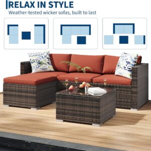 5-Piece Outdoor Sectional Sofa Set, All-Weather PE Rattan Patio Furniture with Ottoman & Tempered Glass Table, Convertible Garden Couch for Backyard, Porch, Poolside (Brown/Wine Red) - Image 8