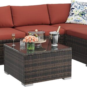 5-Piece Outdoor Sectional Sofa Set, All-Weather PE Rattan Patio Furniture with Ottoman & Tempered Glass Table, Convertible Garden Couch for Backyard, Porch, Poolside (Brown/Wine Red) - Image 9
