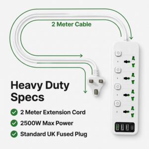 Universal Power Strip Extension Cord with 4 AC Outlets & 4 USB Ports (1 USB-C PD), Individual Switches, 2M Heavy Duty Cable, UK 3-Pin Plug, Surge Protector for Home, Office & Kitchen - White - Image 4