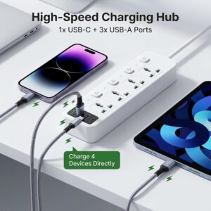Universal Power Strip Extension Cord with 4 AC Outlets & 4 USB Ports (1 USB-C PD), Individual Switches, 2M Heavy Duty Cable, UK 3-Pin Plug, Surge Protector for Home, Office & Kitchen - White - Image 8