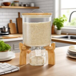 Goaste Glass Rice Dispenser with Bamboo Stand, 5L Flour Cereal Container with Airtight Lid, 8 Lbs Large Grain Food Storage Bucket, Countertop Beans Storage Tank with Measuring Cup & Valve for Dry Food - Image 2