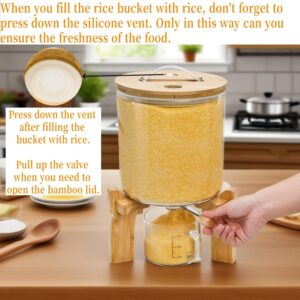 Goaste Glass Rice Dispenser with Bamboo Stand, 5L Flour Cereal Container with Airtight Lid, 8 Lbs Large Grain Food Storage Bucket, Countertop Beans Storage Tank with Measuring Cup & Valve for Dry Food - Image 7