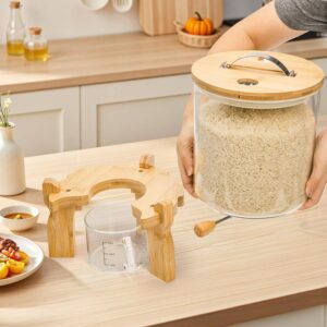 Goaste Glass Rice Dispenser with Bamboo Stand, 5L Flour Cereal Container with Airtight Lid, 8 Lbs Large Grain Food Storage Bucket, Countertop Beans Storage Tank with Measuring Cup & Valve for Dry Food - Image 8