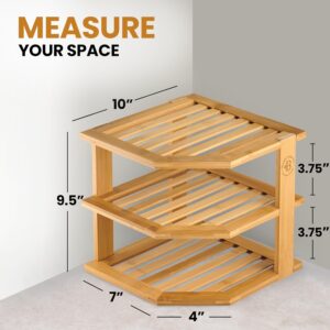 Plate Organizer for Cabinet - 3 Tier Bamboo Corner Shelf Cabinet Organizer for Plates, Bowls, Mugs and Pantry Storage, Space Saving Countertop and Cabinet Corner Shelf, 10 x 10 x 9.5 Inch, Bambusi | Kitchen Counter, Cabinet Space Saver, Plates, Dishes, Bowls, Bread Pantry - Image 3