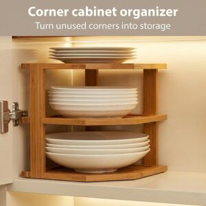 Plate Organizer for Cabinet - 3 Tier Bamboo Corner Shelf Cabinet Organizer for Plates, Bowls, Mugs and Pantry Storage, Space Saving Countertop and Cabinet Corner Shelf, 10 x 10 x 9.5 Inch, Bambusi | Kitchen Counter, Cabinet Space Saver, Plates, Dishes, Bowls, Bread Pantry - Image 4