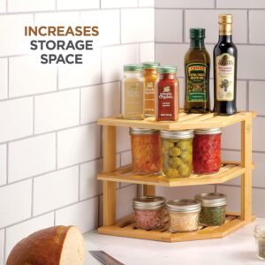Plate Organizer for Cabinet - 3 Tier Bamboo Corner Shelf Cabinet Organizer for Plates, Bowls, Mugs and Pantry Storage, Space Saving Countertop and Cabinet Corner Shelf, 10 x 10 x 9.5 Inch, Bambusi | Kitchen Counter, Cabinet Space Saver, Plates, Dishes, Bowls, Bread Pantry - Image 5